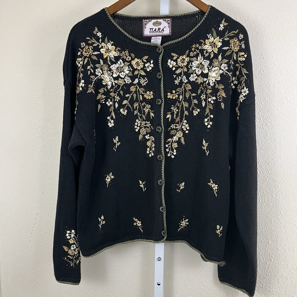 Vintage Y2K Tiara International Cardigan L Large Black Sequins Embroidered